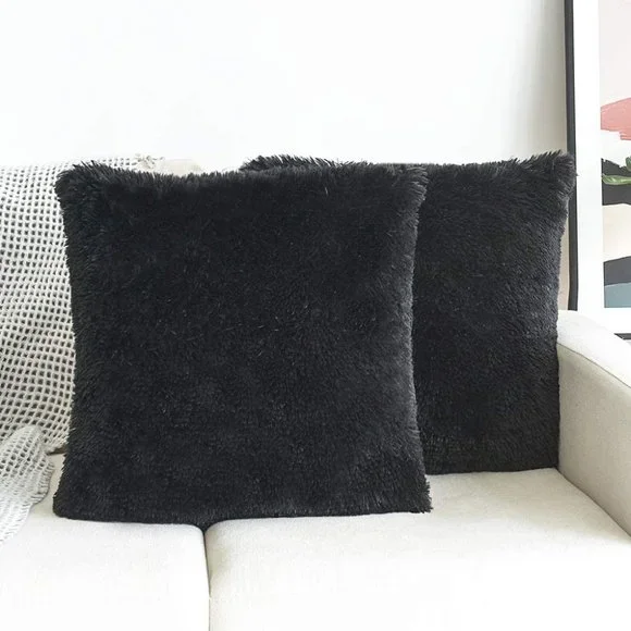 Black Luxury Furry Farmhouse Adorable Trendy Bed Throw Pillow Decor Cover Set - Picture 6 of 6